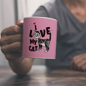 Ich liebe meine Katze Kaffeebecher mit Katzen Motiv und Rosa Hintergrund