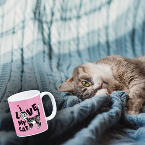 Ich liebe meine Katze Kaffeebecher mit Katzen Motiv und Rosa Hintergrund