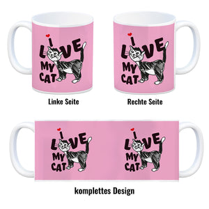 Ich liebe meine Katze Kaffeebecher mit Katzen Motiv und Rosa Hintergrund