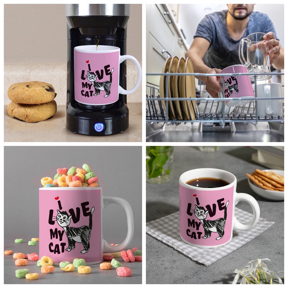 Ich liebe meine Katze Kaffeebecher mit Katzen Motiv und Rosa Hintergrund