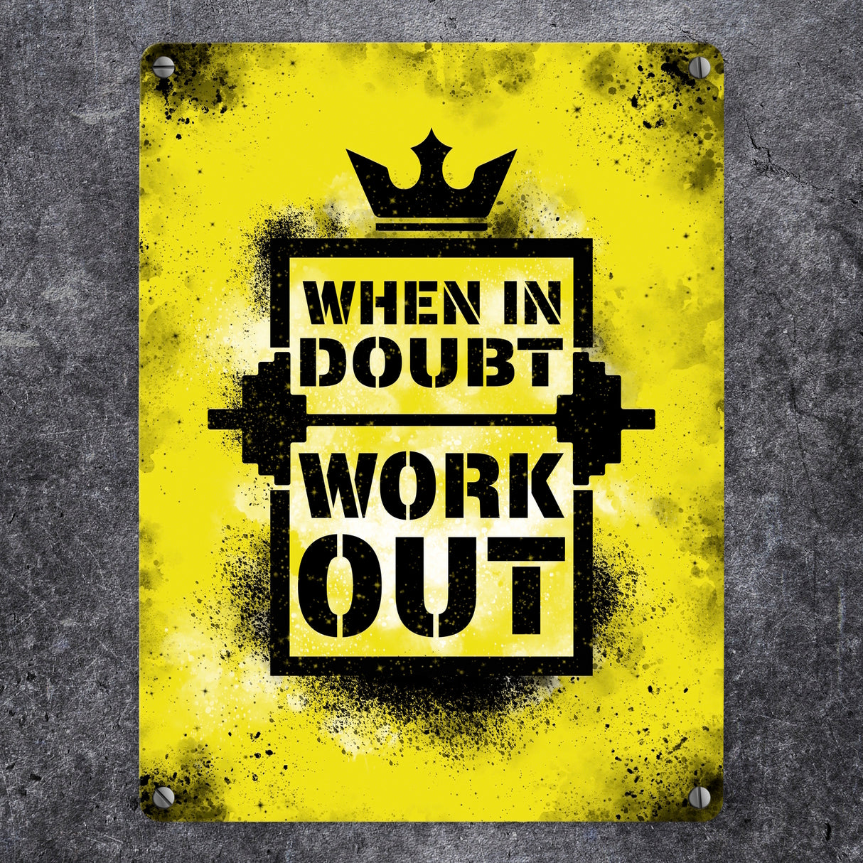 When in doubt Work out Metallschild mit motivierendem Spruch in {Gelb}