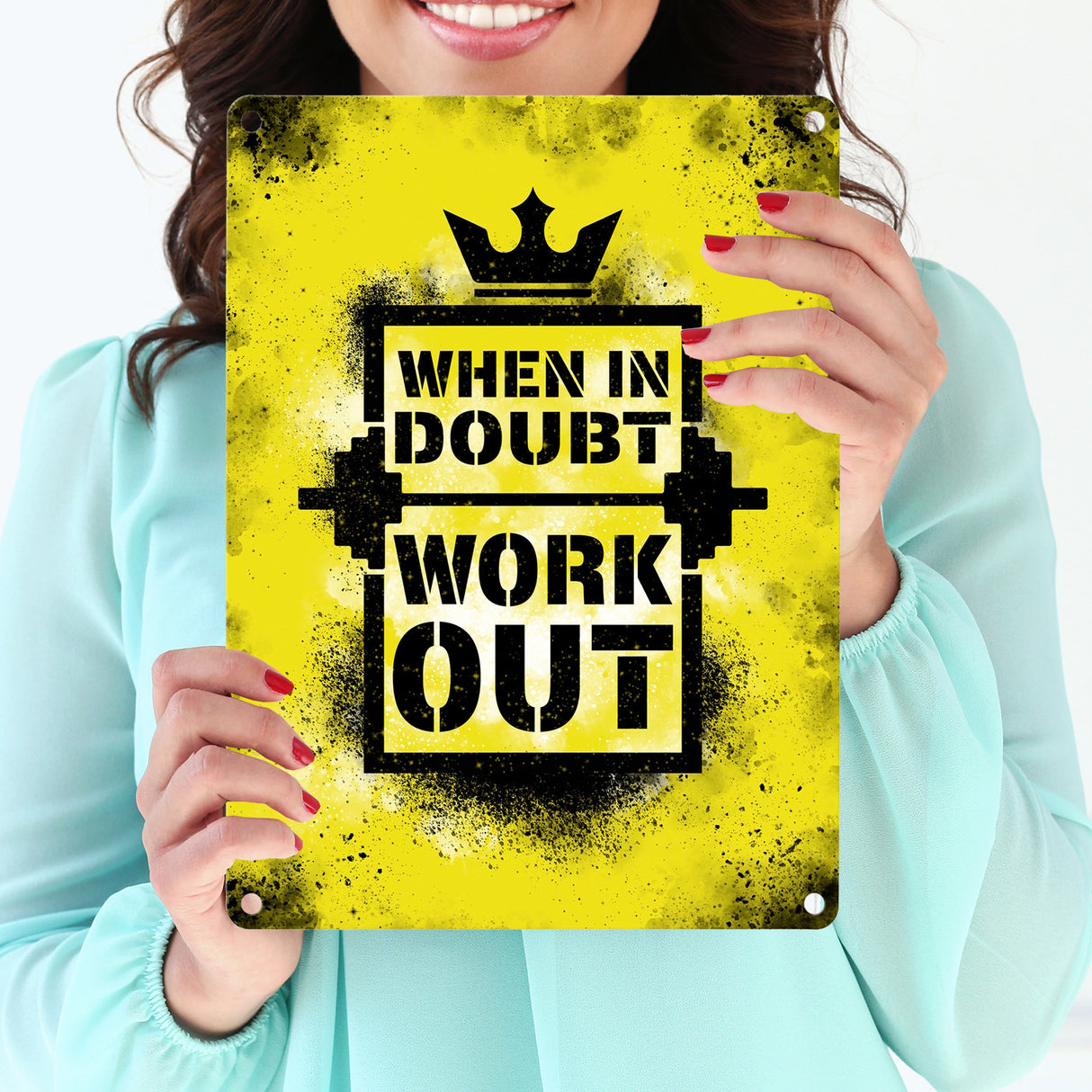 When in doubt Work out Metallschild mit motivierendem Spruch in {Gelb}