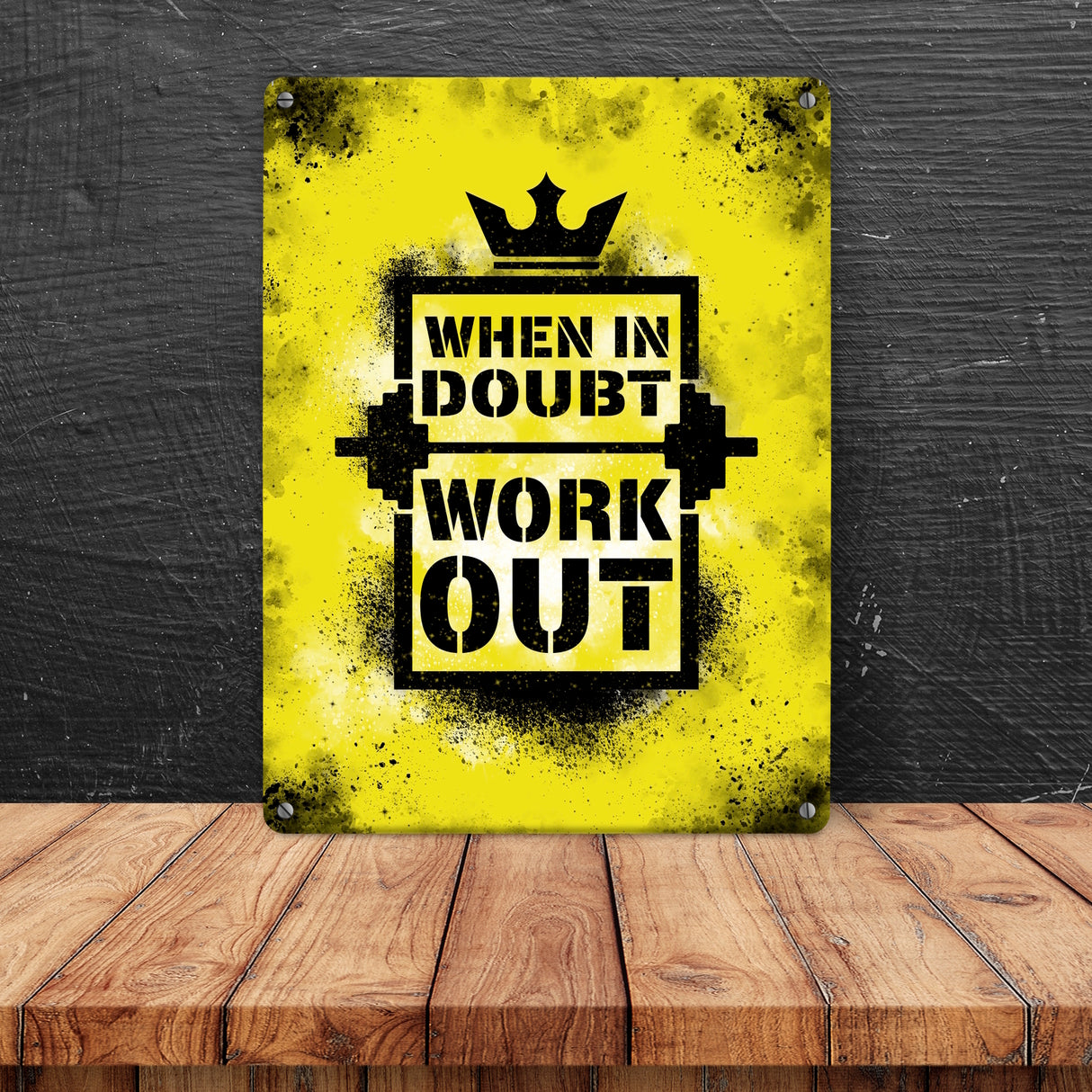 When in doubt Work out Metallschild mit motivierendem Spruch in {Gelb}