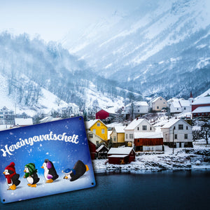Hereingewatschelt Metallschild mit vier niedlichen Pinguinen