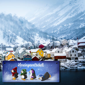 Hereingewatschelt Metallschild mit vier niedlichen Pinguinen