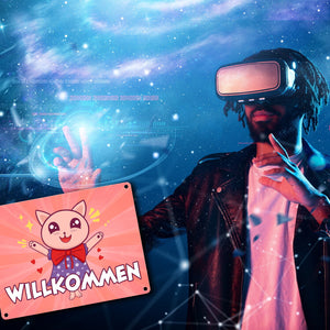 Willkommen Metallschild mit süßem Manga Kätzchen