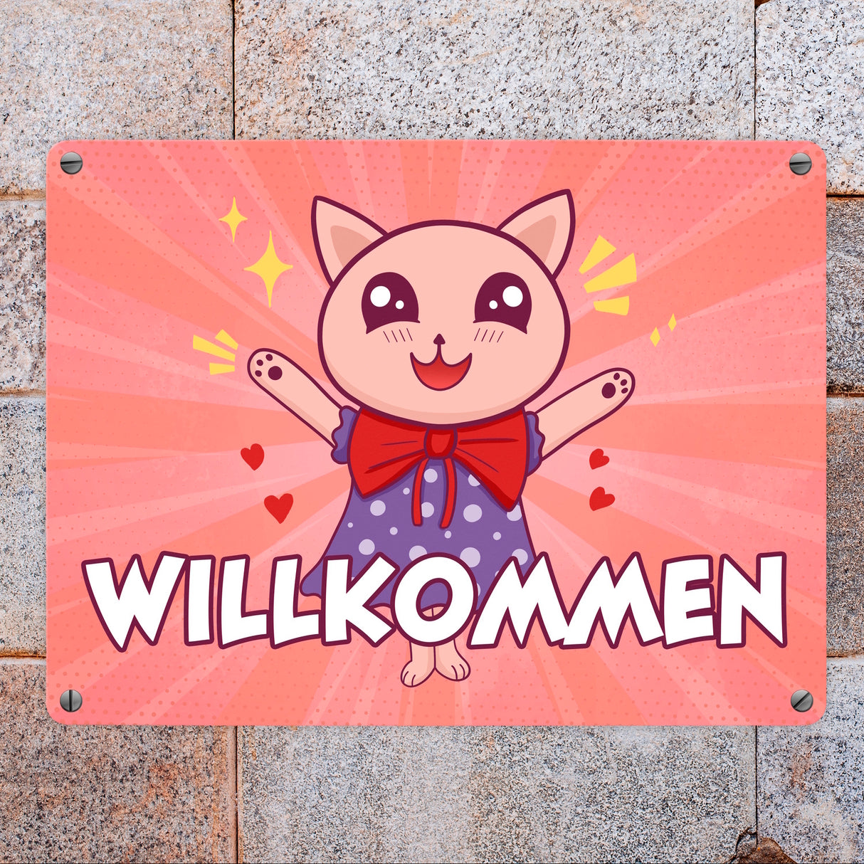 Willkommen Metallschild mit süßem Manga Kätzchen