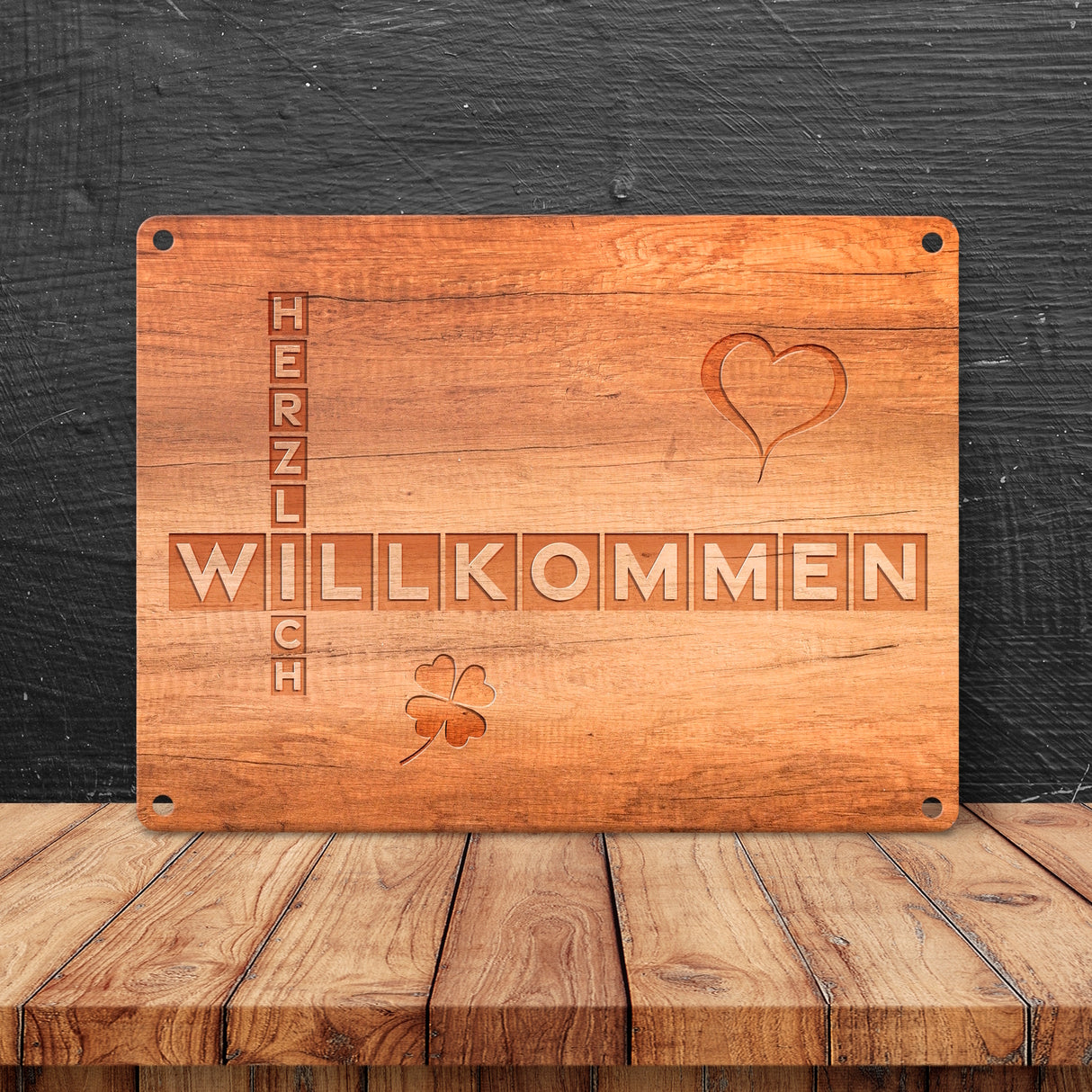 Herzlich Willkommen Metallschild in Holzoptik