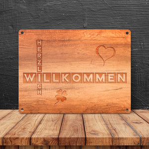 Herzlich Willkommen Metallschild in Holzoptik