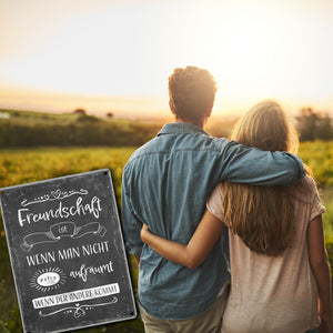 Metallschild mit lustigem Spruch zu Freundschaft und Aufräumen