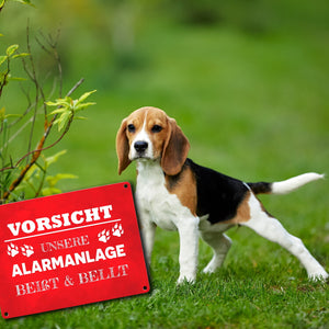 Vorsicht unsere Alarmanlage beißt & bellt Metallschild