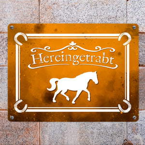 Hereingetrabt Pferde und Reiter Metallschild