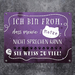 Metallschild mit lustigem Spruch - Meine Katze weiß zu viel
