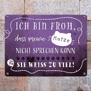 Metallschild mit lustigem Spruch - Meine Katze weiß zu viel
