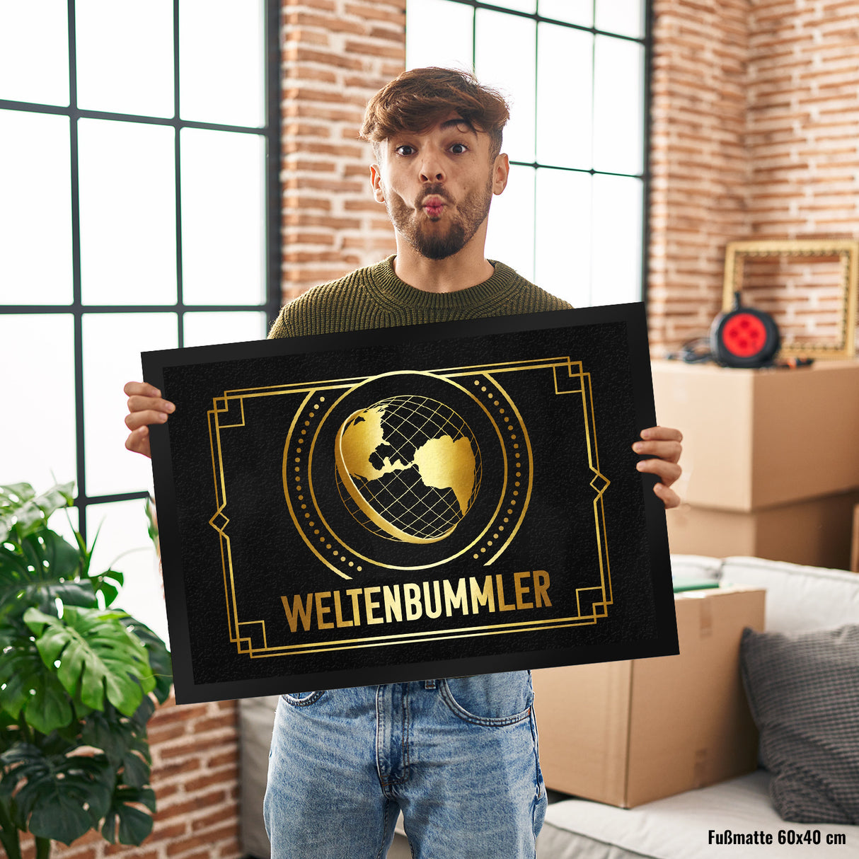 Weltenbummler Fußmatte mit goldenem Globus und Reisemotiv