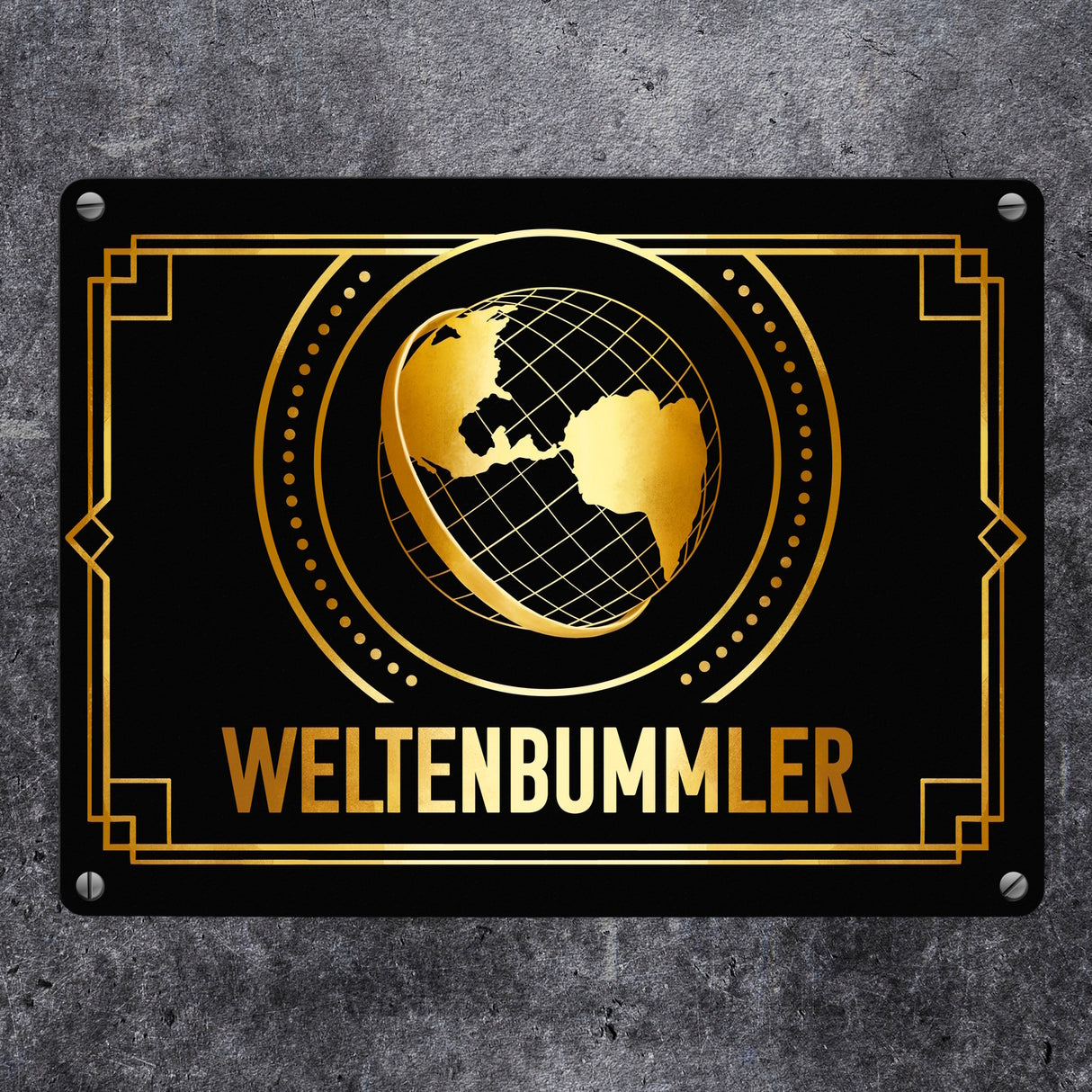 Weltenbummler Metallschild mit goldenem Globus und Reisemotiv