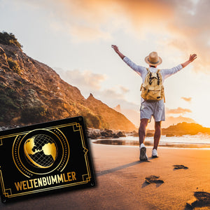 Weltenbummler Metallschild mit goldenem Globus und Reisemotiv