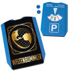 Weltenbummler Parkscheibe mit goldenem Globus und Reisemotiv