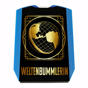 Weltenbummlerin Parkscheibe mit goldenem Globus und Reisemotiv