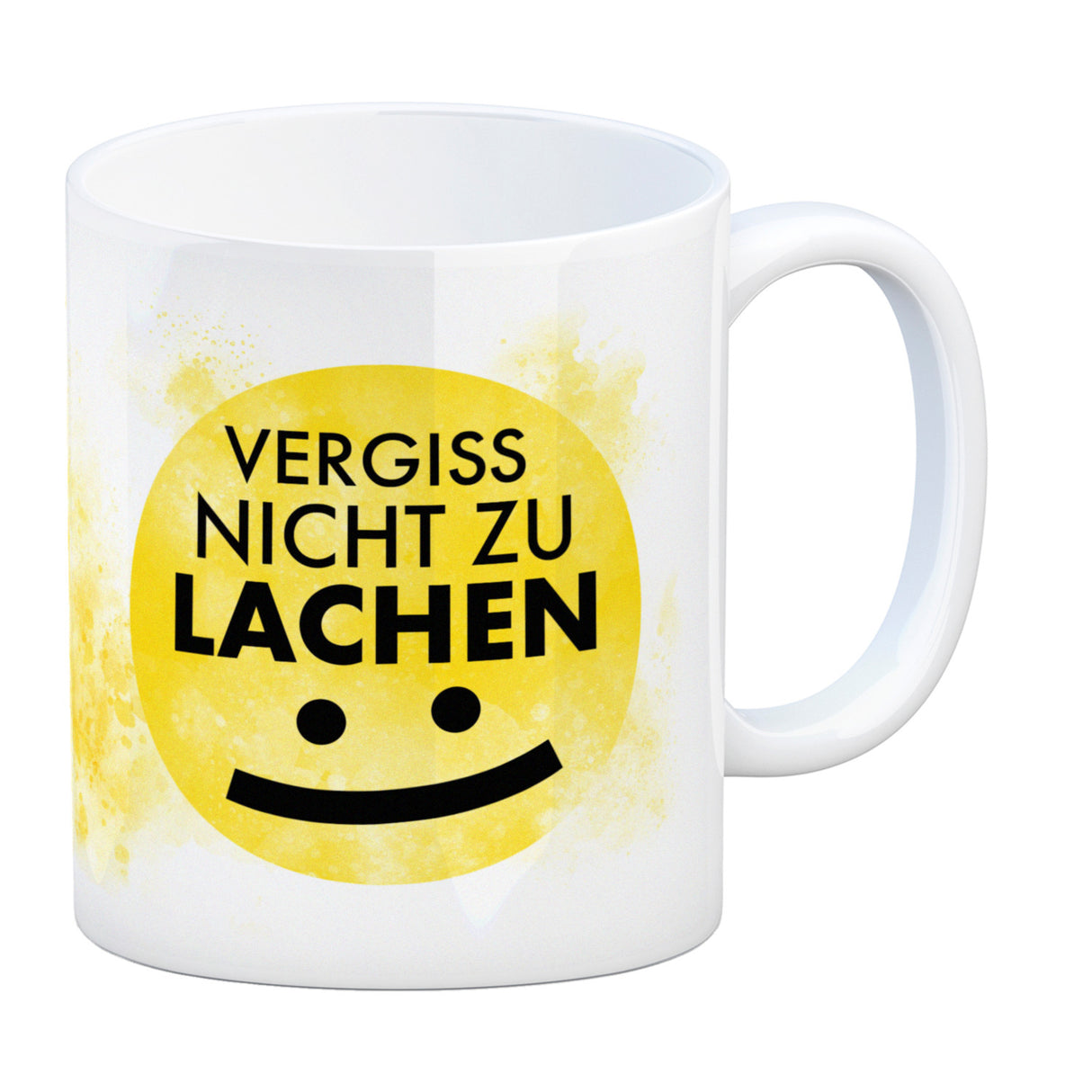 Vergiss nicht zu lachen Kaffeebecher gelbem Gesicht