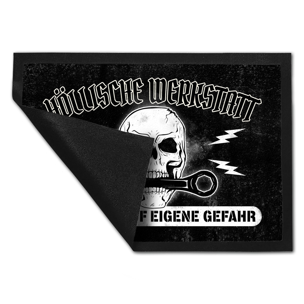 Höllische Werkstatt Fußmatte mit Totenkopf Motiv
