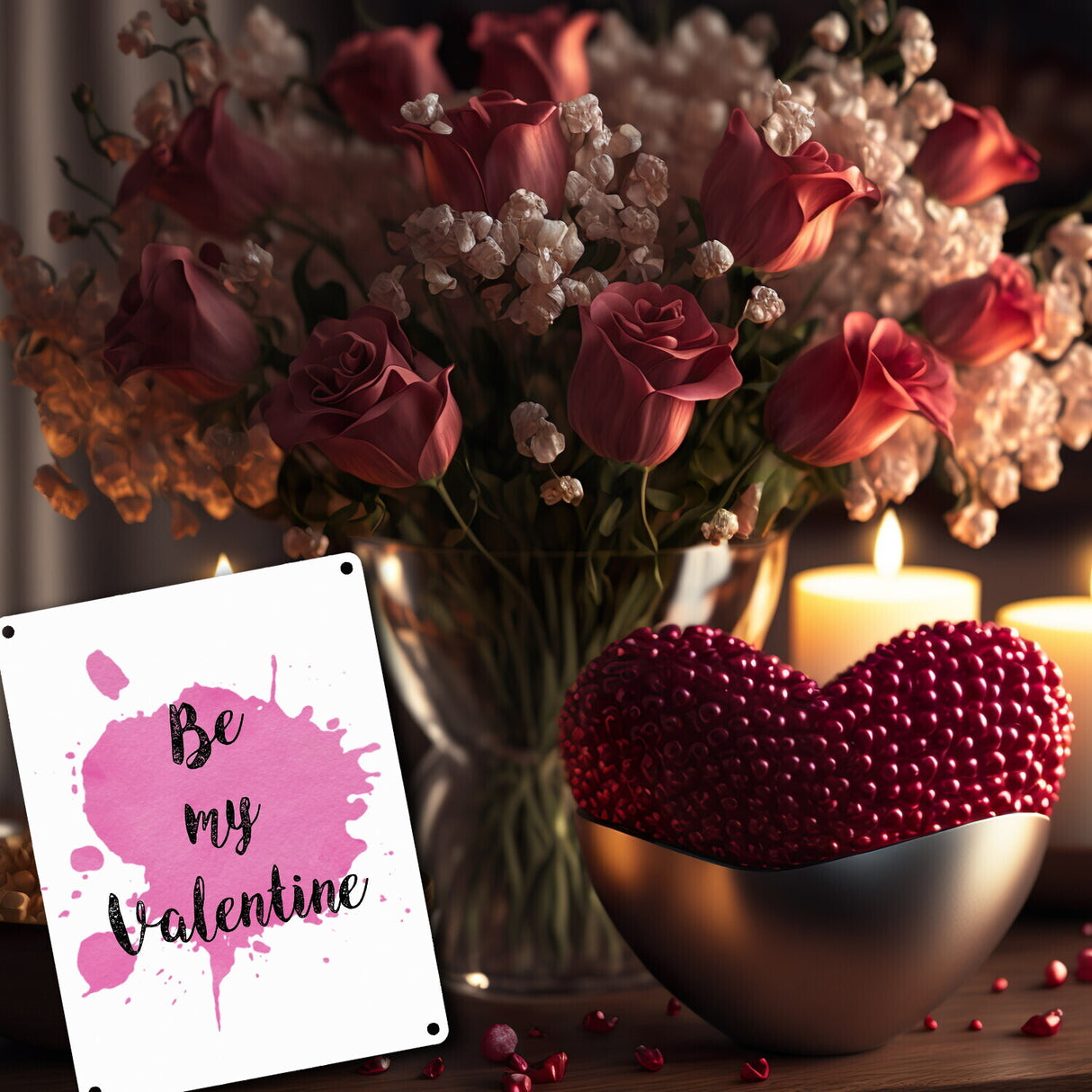 Be my Valentine Metallschild mit rosa Farbkleks