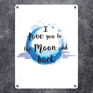 I love you to the Moon and back Valentinstag Metallschild in lila