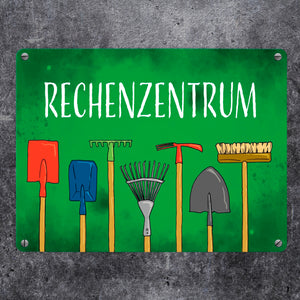 Rechenzentrum Metallschild mit Gartengeräten