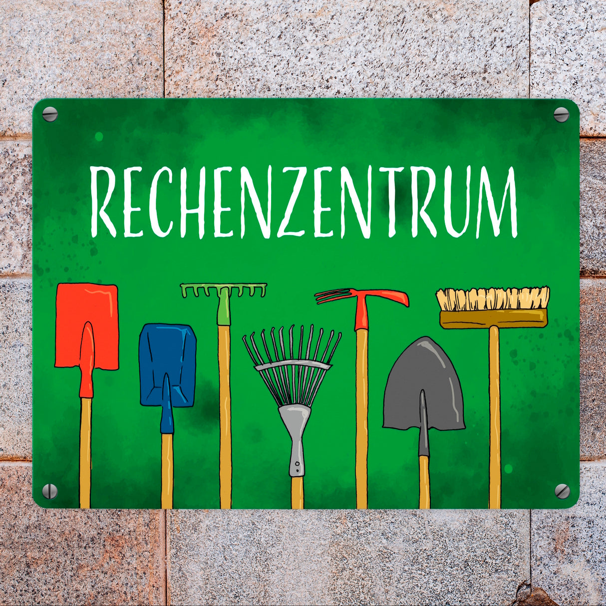 Rechenzentrum Metallschild mit Gartengeräten