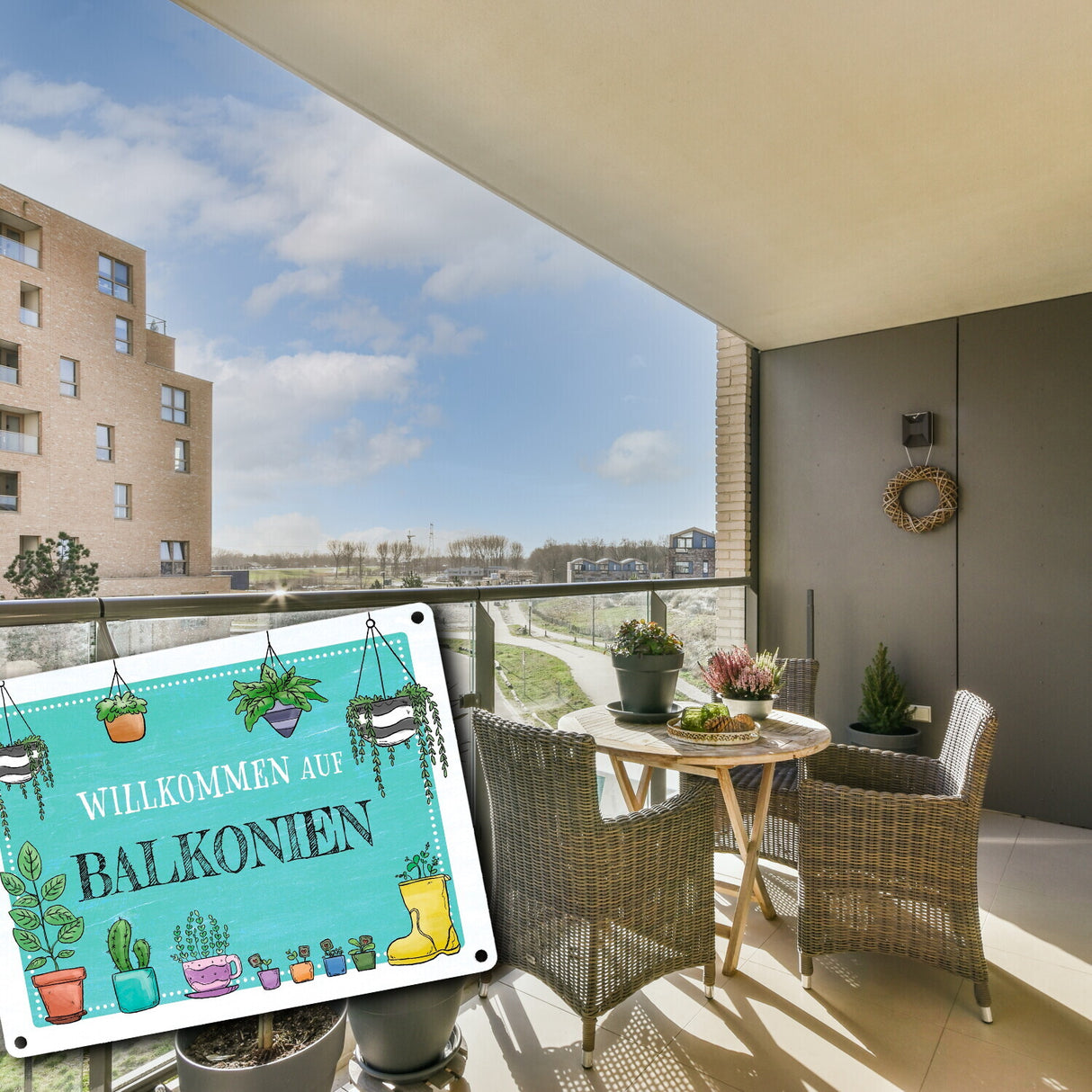 Willkommen auf Balkonien Metallschild in türkis