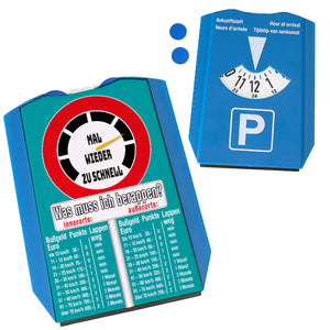 Zu schnell gefahren Bußgeld Parkscheibe in türkis mit Straßenschild Motiv