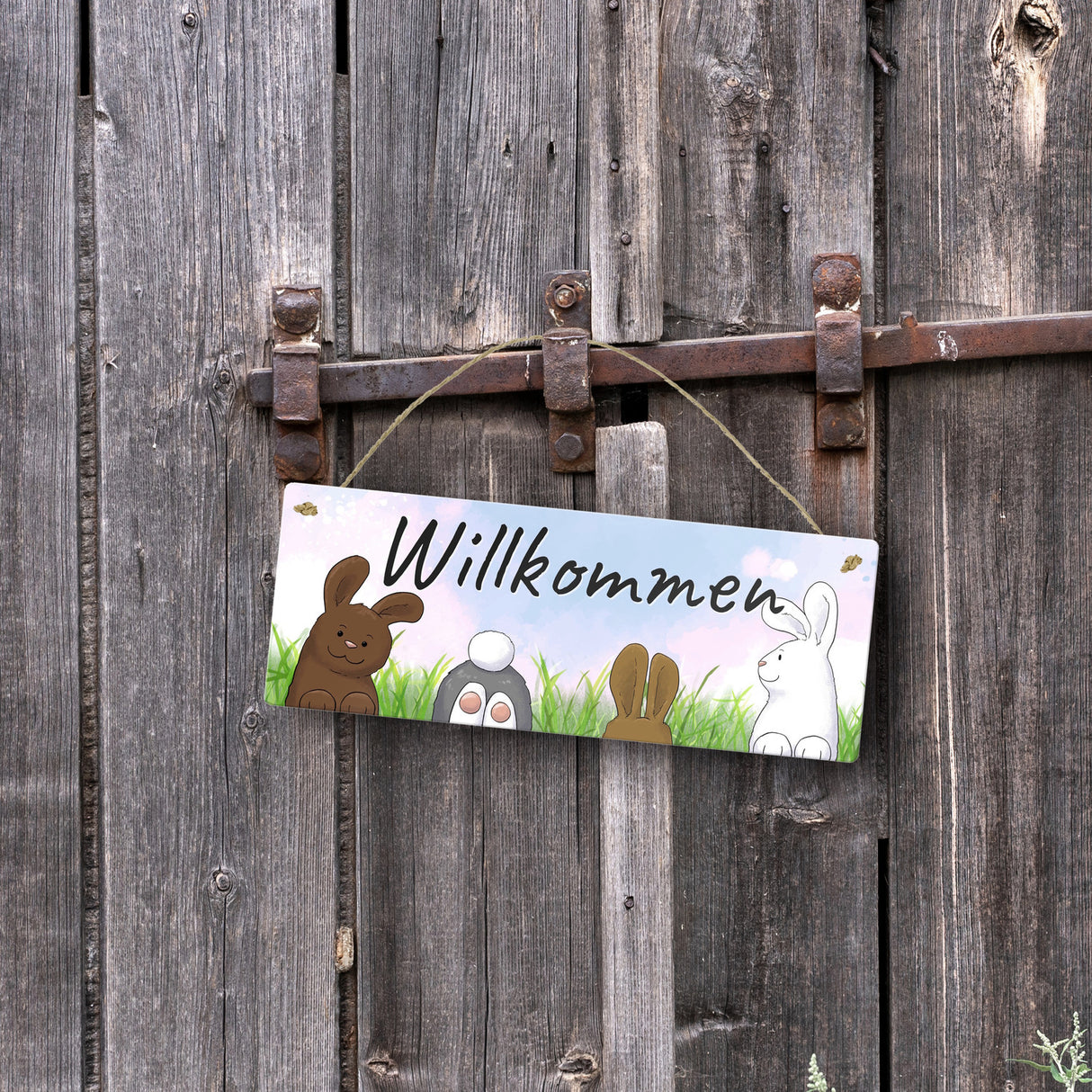 Willkommen Metallschild mit lustigem Hasen-Motiv