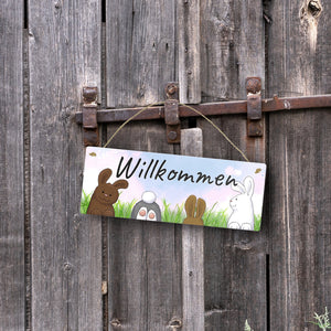 Willkommen Metallschild mit lustigem Hasen-Motiv