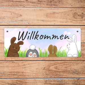 Willkommen Metallschild mit lustigem Hasen-Motiv