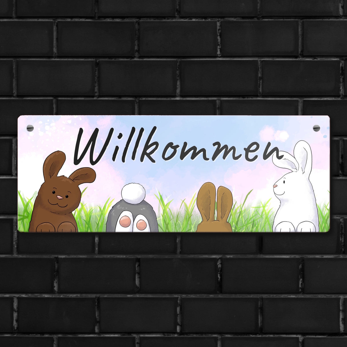 Willkommen Metallschild mit lustigem Hasen-Motiv