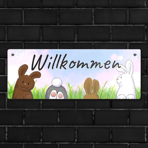 Willkommen Metallschild mit lustigem Hasen-Motiv