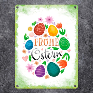 Frohe Ostern Metallschild mit Frühlingsmotiven