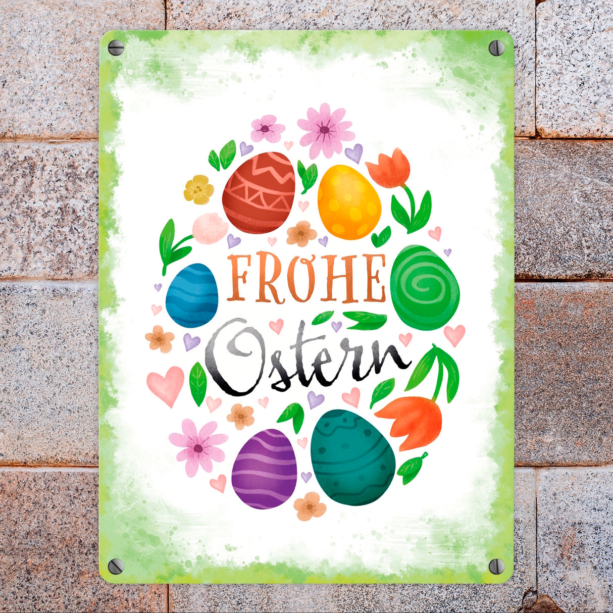 Frohe Ostern Metallschild mit Frühlingsmotiven
