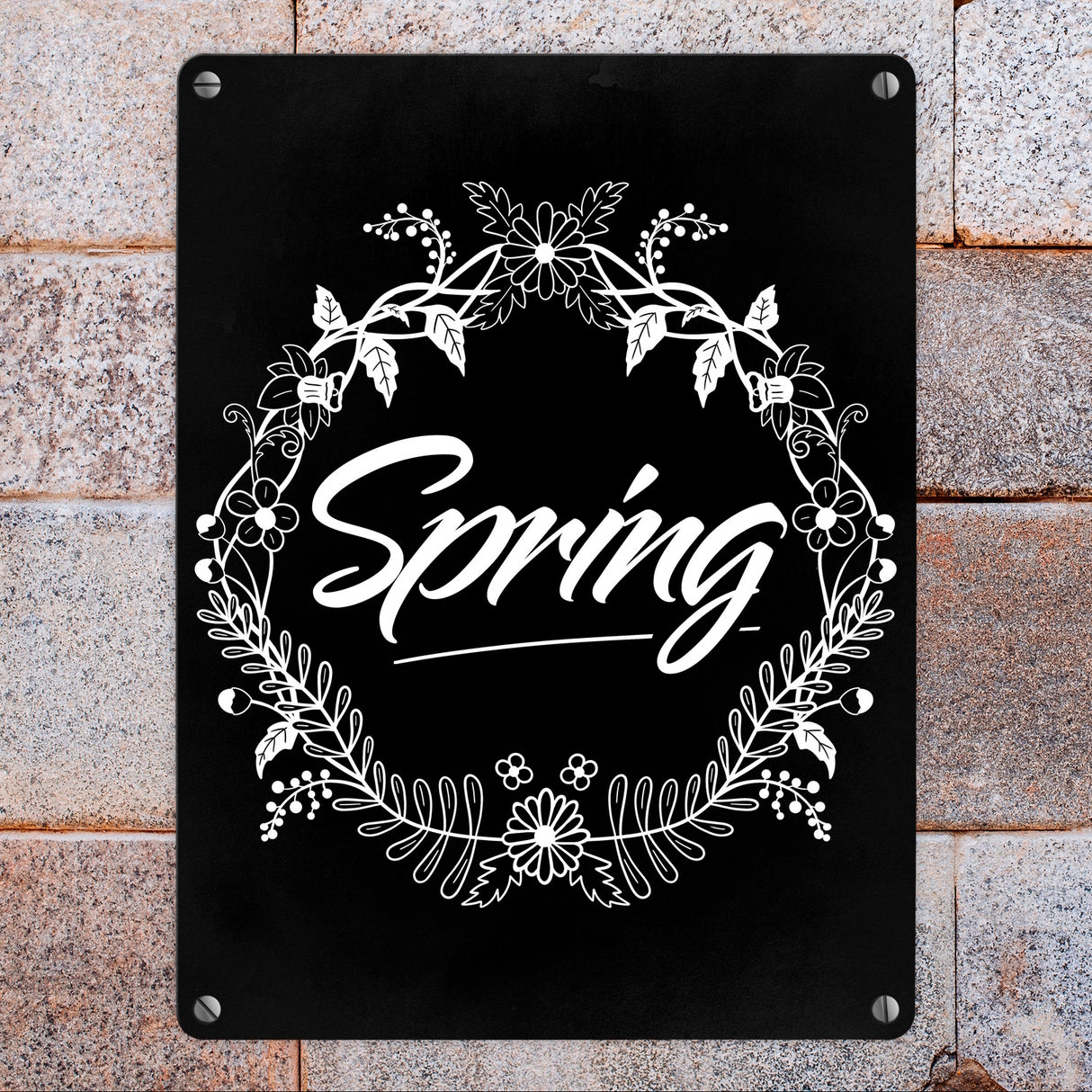 Spring - Frühling Metallschild mit Blumenkranz