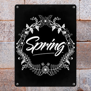 Spring - Frühling Metallschild mit Blumenkranz