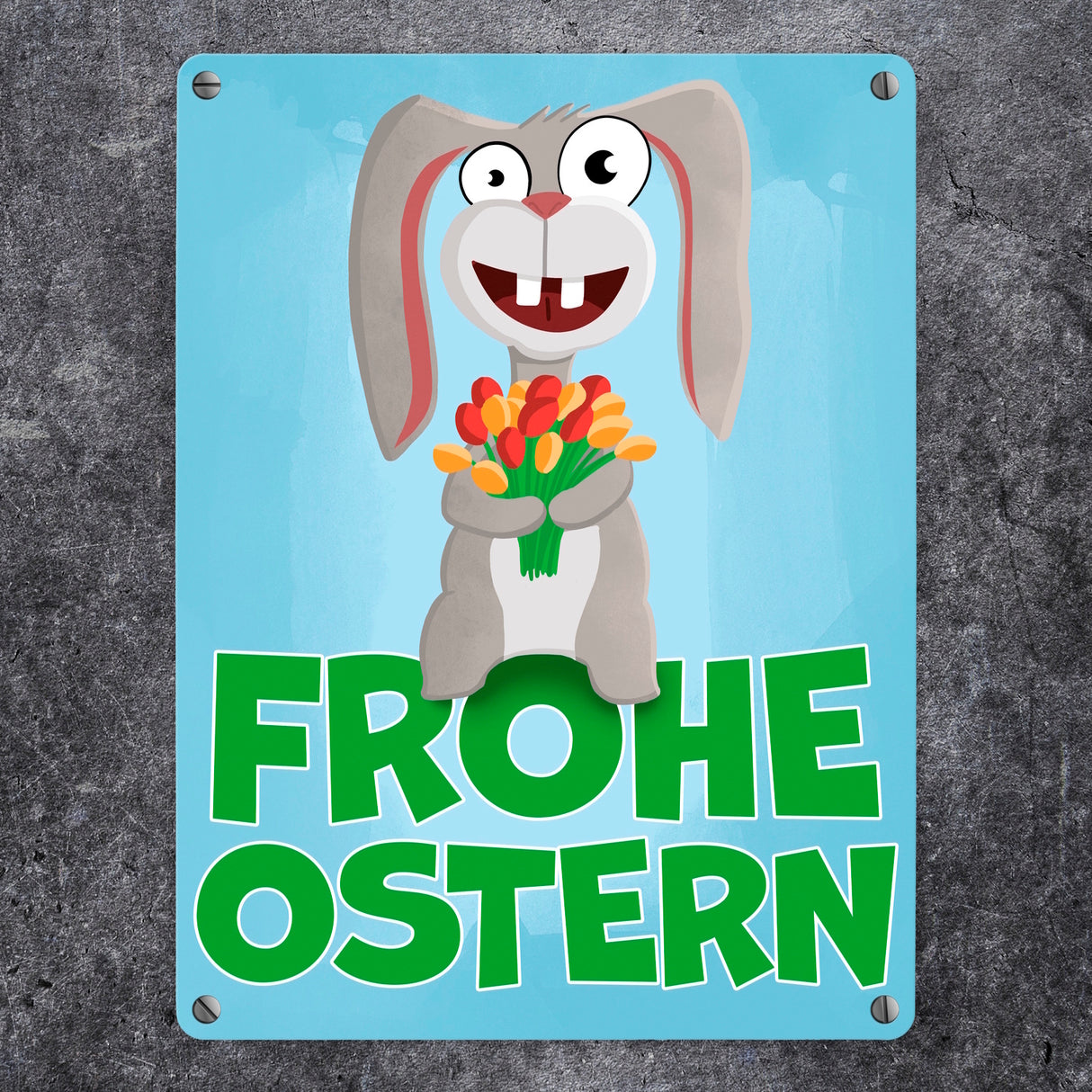 Frohe Ostern Metallschild mit lustigem Osterhasen