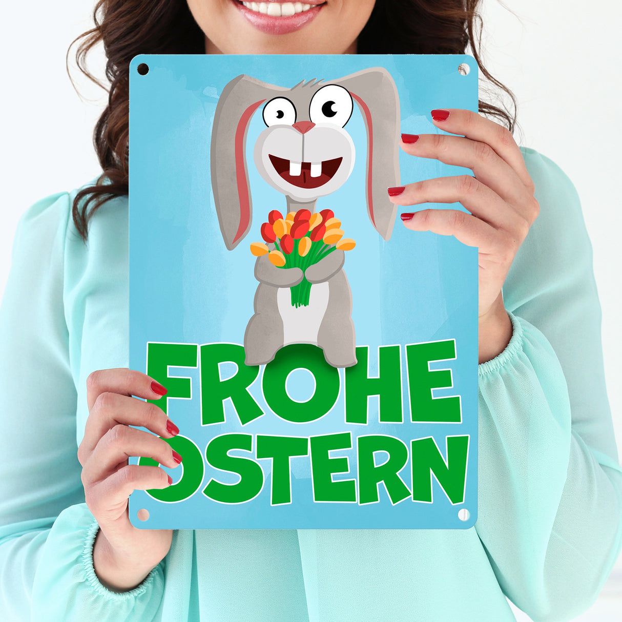 Frohe Ostern Metallschild mit lustigem Osterhasen