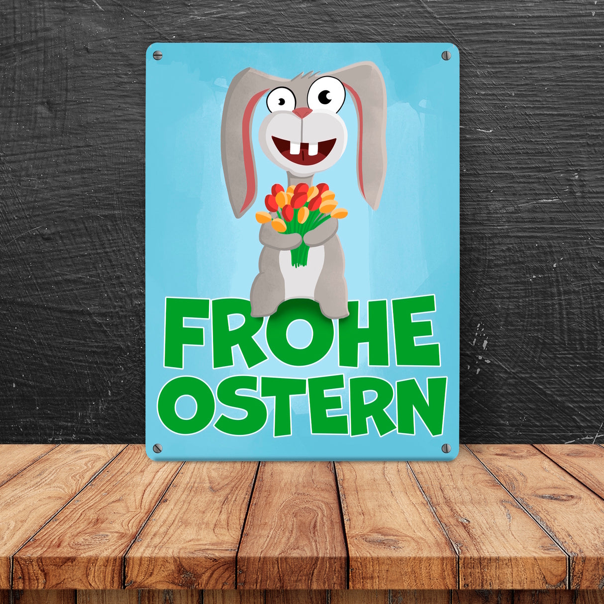 Frohe Ostern Metallschild mit lustigem Osterhasen