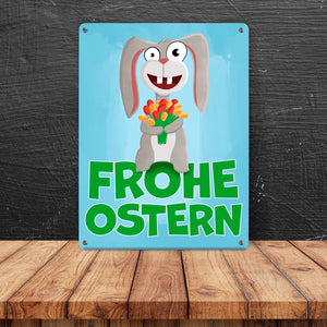 Frohe Ostern Metallschild mit lustigem Osterhasen