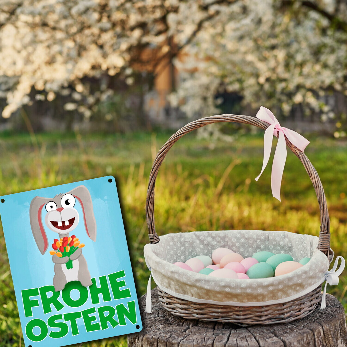 Frohe Ostern Metallschild mit lustigem Osterhasen