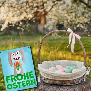 Frohe Ostern Metallschild mit lustigem Osterhasen