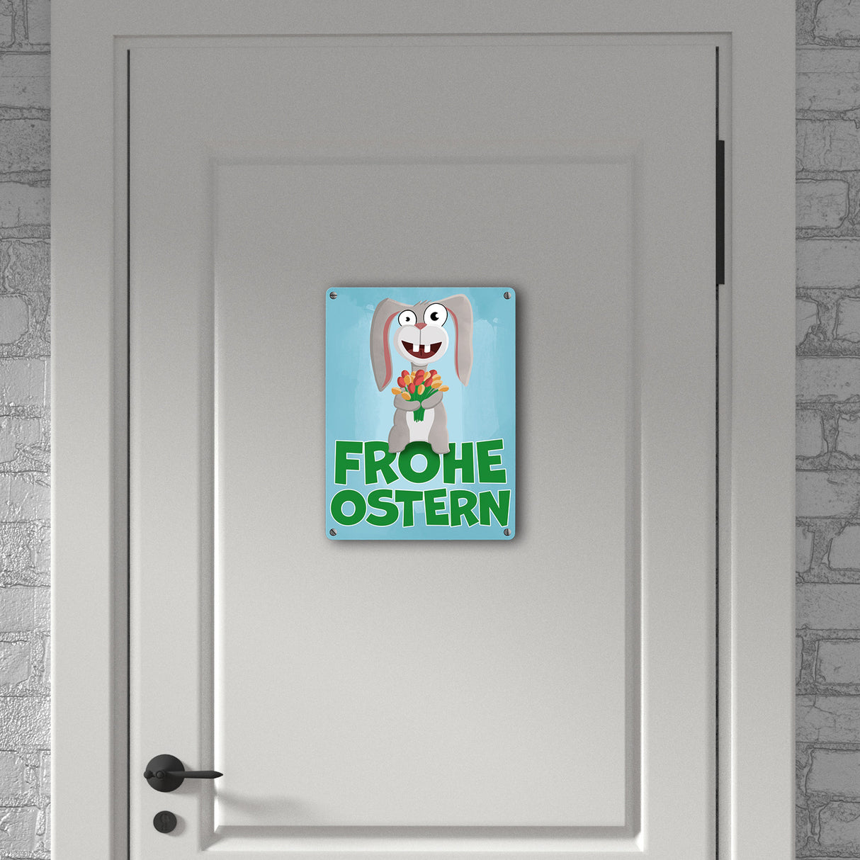 Frohe Ostern Metallschild mit lustigem Osterhasen