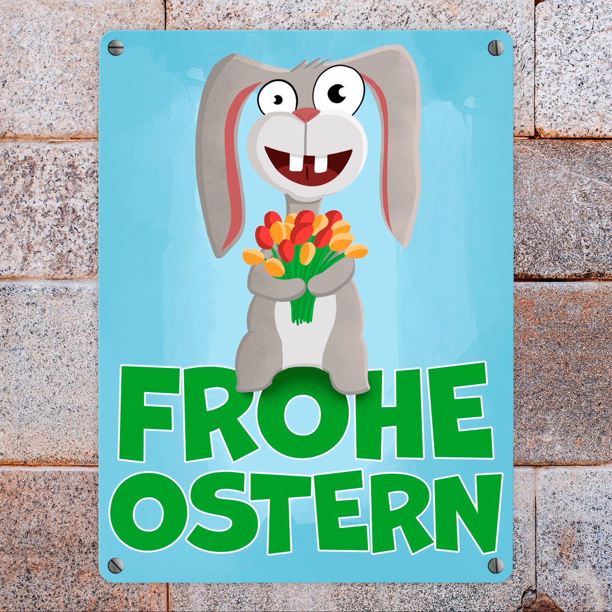 Frohe Ostern Metallschild mit lustigem Osterhasen