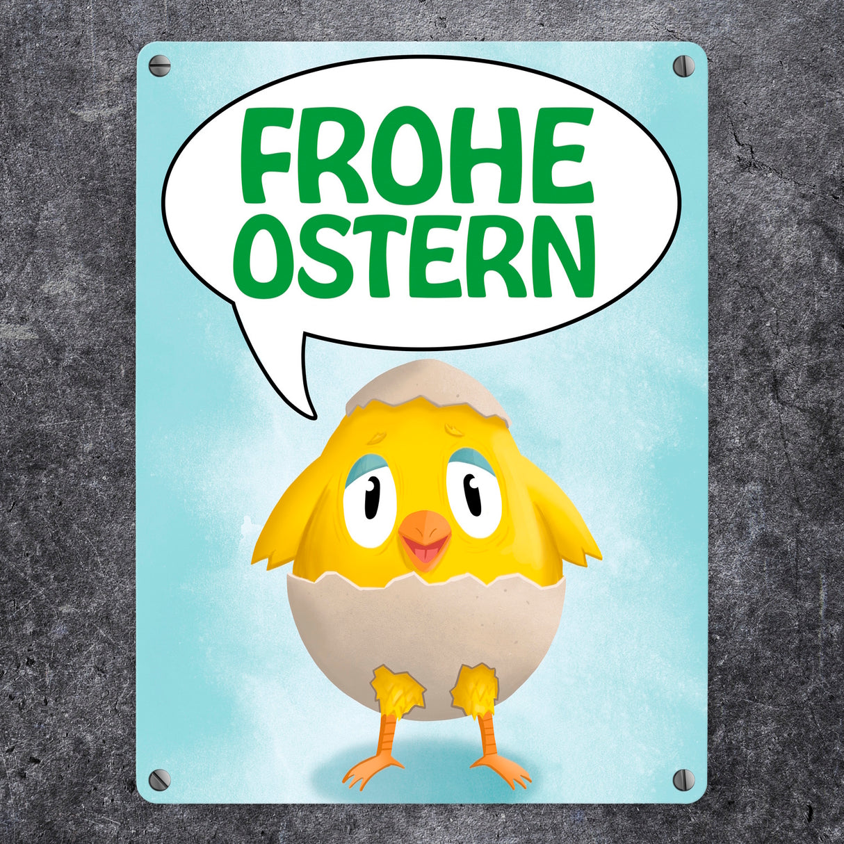 Frohe Ostern Metallschild mit süßem Küken in Eierschale