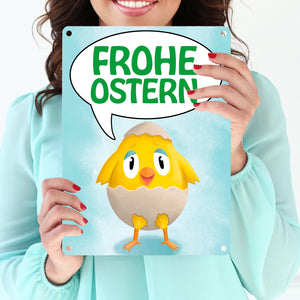 Frohe Ostern Metallschild mit süßem Küken in Eierschale